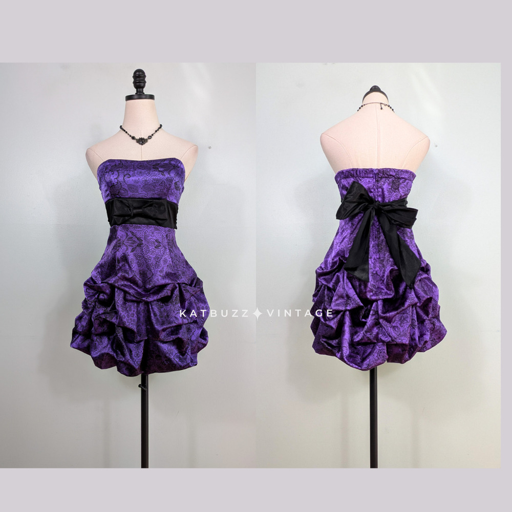 Vintage Prom Dress Mini Gown 6 Purple Black Floral Y2K Hoco Bubble Bow Strapless